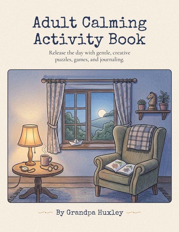 The cover of the Adult Calming Activity Book by Grandpa Huxley: an armchair by a lamp at night, a cup of tea and a pocket watch on the table