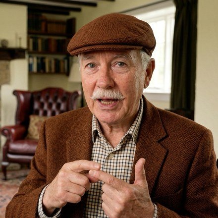 Grandpa Huxley in his flat cap and tweed jacket