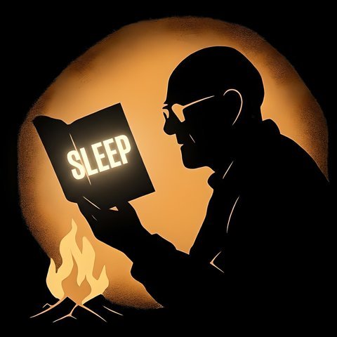The show art of Sleepy Wisdom: a man reading a glowing book beside a small fire
